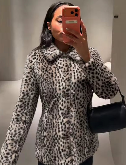 Leopard Print Collared Fur Jacket