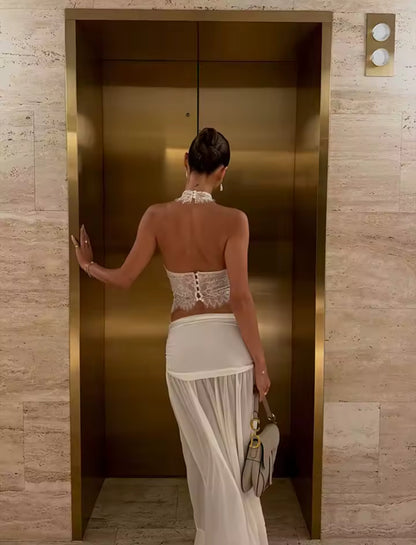 White Sheer Knit Backless Lace Top