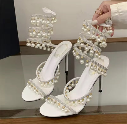 Wrap-Around Pearl Dangle Heels