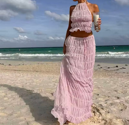 Ruched Mesh Ruffle Maxi Skirt Co-Ord