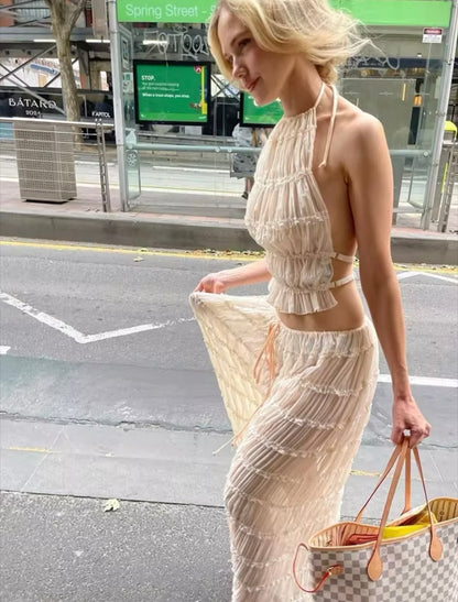 Ruched Mesh Ruffle Maxi Skirt Co-Ord