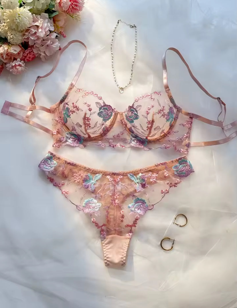 Pastel Pink Floral Embroidered Underwear Set