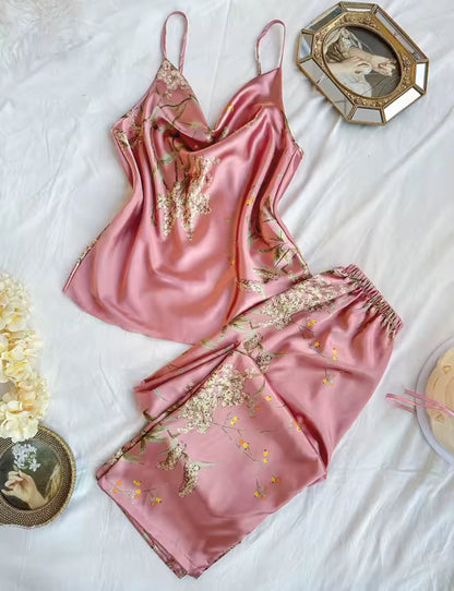 Pink Satin Floral Pyjama Set