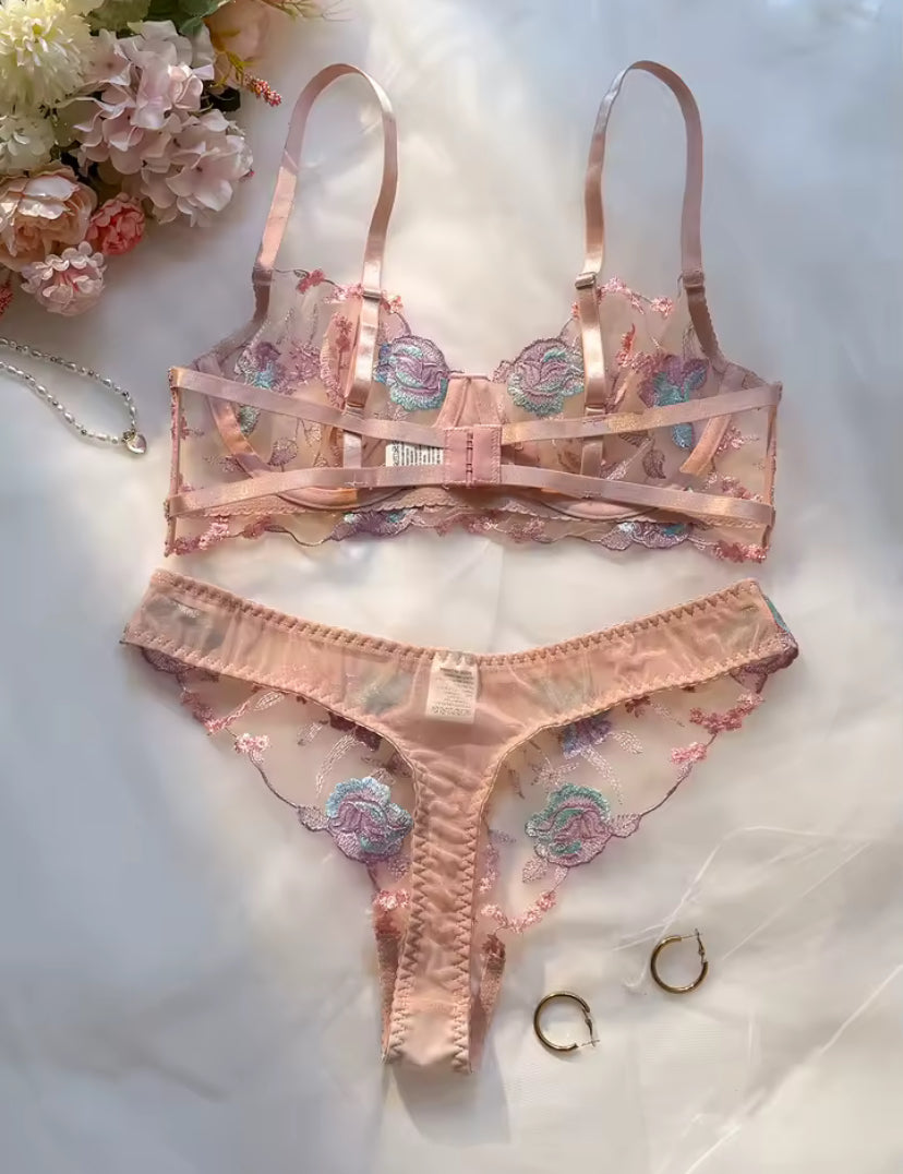 Pastel Pink Floral Embroidered Underwear Set