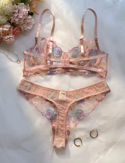 Pastel Pink Floral Embroidered Underwear Set