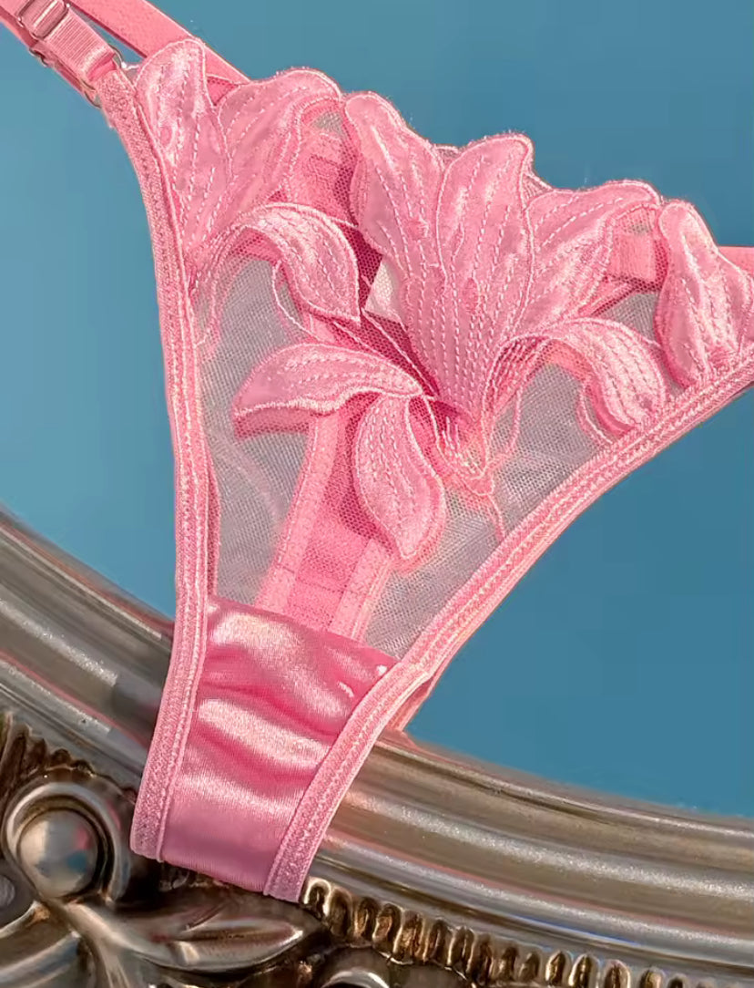 Pink Satin Floral Embroidered Underwear Set