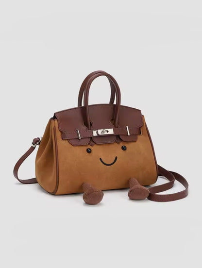 Suede Smiley Face Metal Clasp Handbag