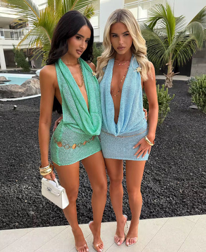 Sparkly Knitted Hanging Cowl Halterneck Backless Mini Dress