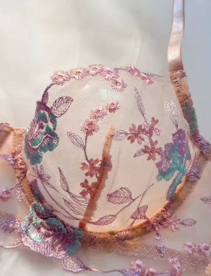 Pastel Pink Floral Embroidered Underwear Set