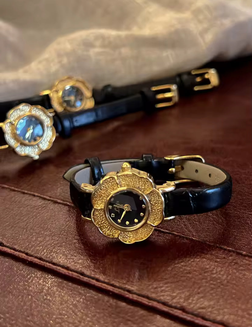 Gold Leather Flower Watch