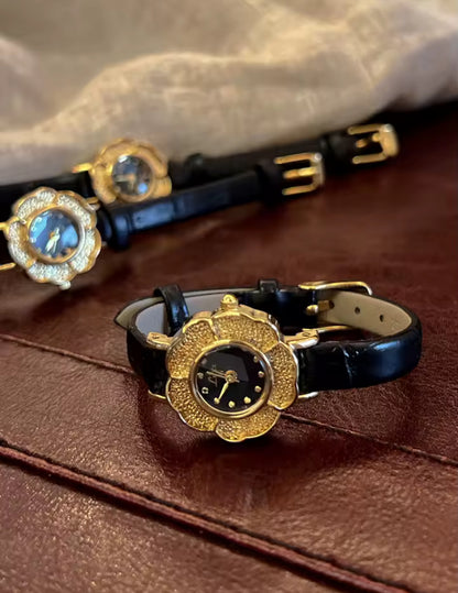 Gold Leather Flower Watch
