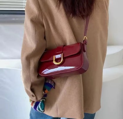 Red Shiny Faux Leather Metal Detail Shoulder Bag
