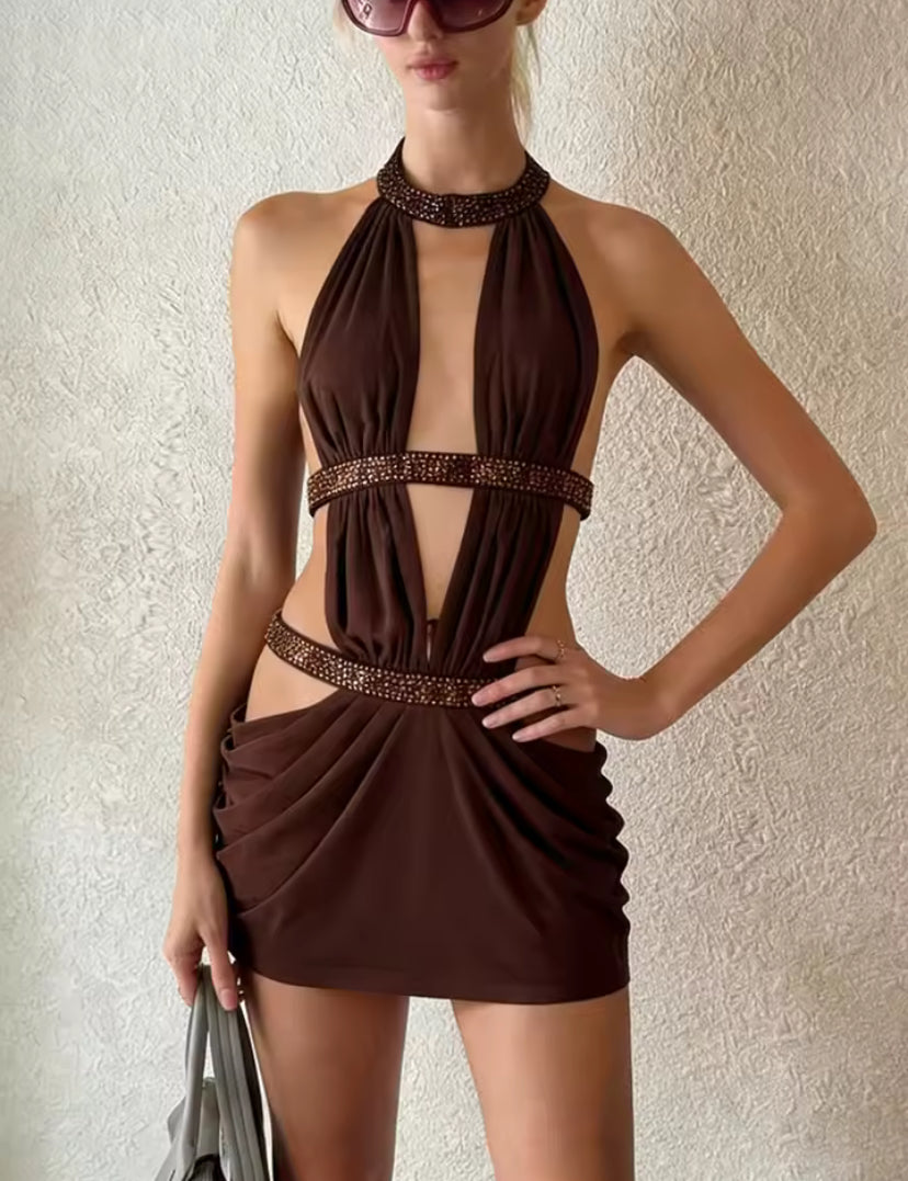 Brown Sparkle Open Backless Mini Dress