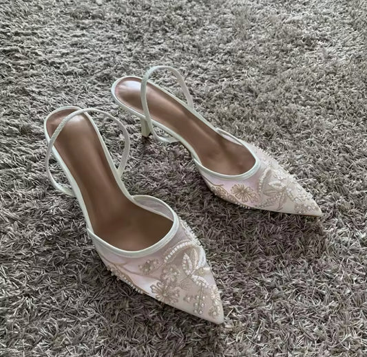 Mesh Embroidered Slingback Pointed Heel
