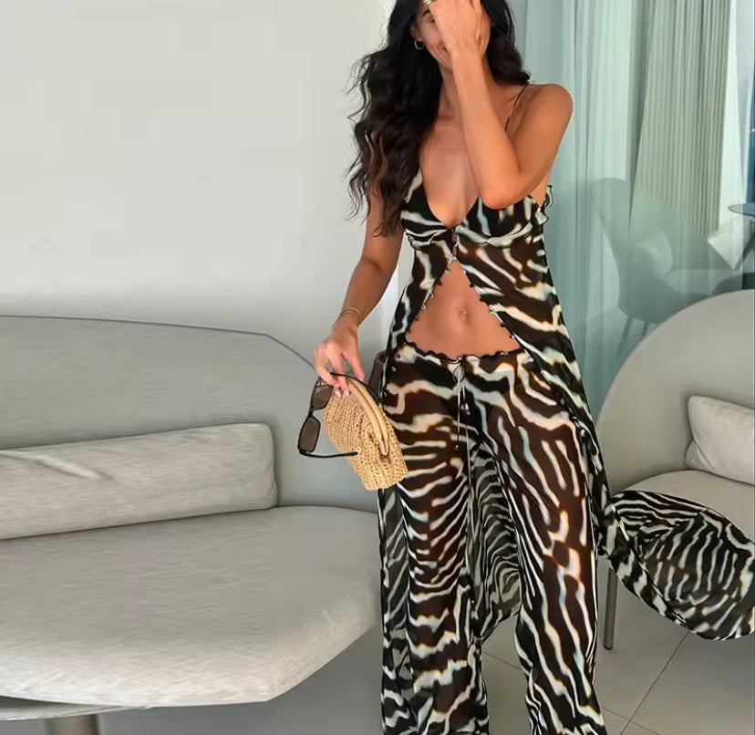Sheer Mesh Zebra Maxi Top Co-ord