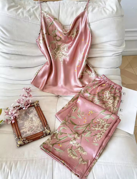 Pink Satin Floral Pyjama Set