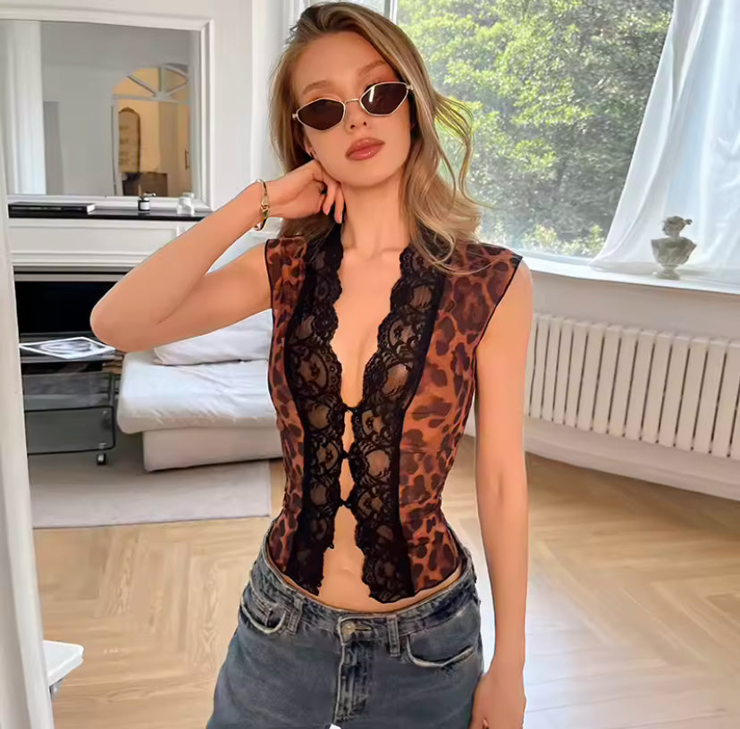 Sheer Leopard Lace Open Front Top