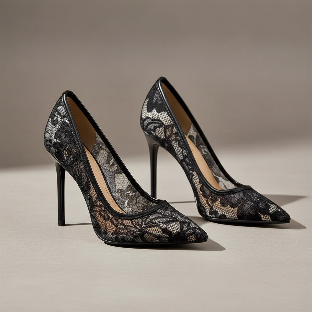 Black Lace Embroidered Floral Mesh Detail Heels