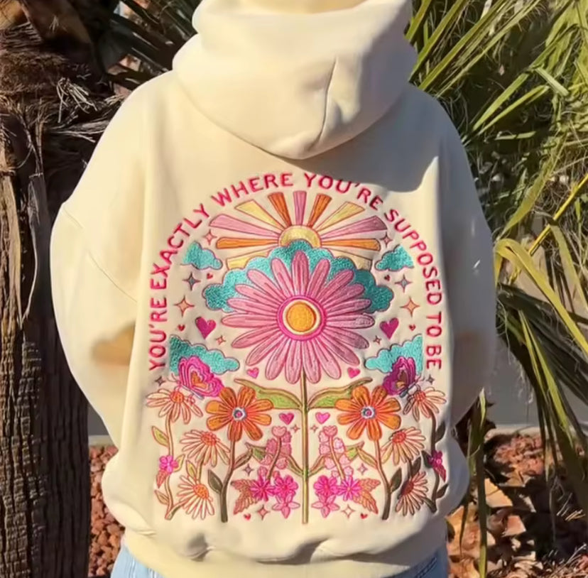Oversized Embroidered Floral Quote Hoodie