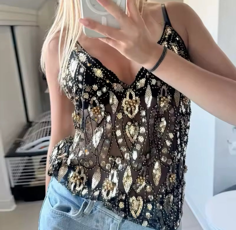 Sequin Patterned Sheer Mesh Top