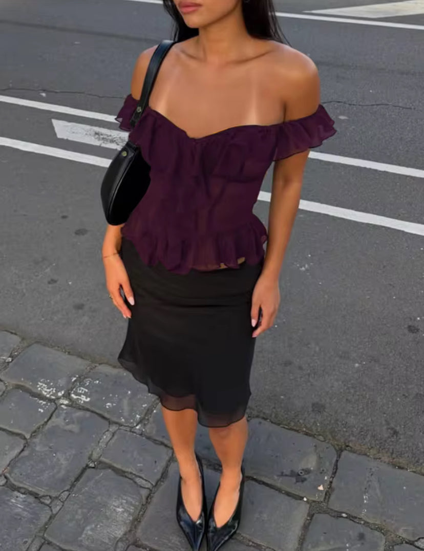 Plum Sheer Mesh Off-Shoulder Corset Top