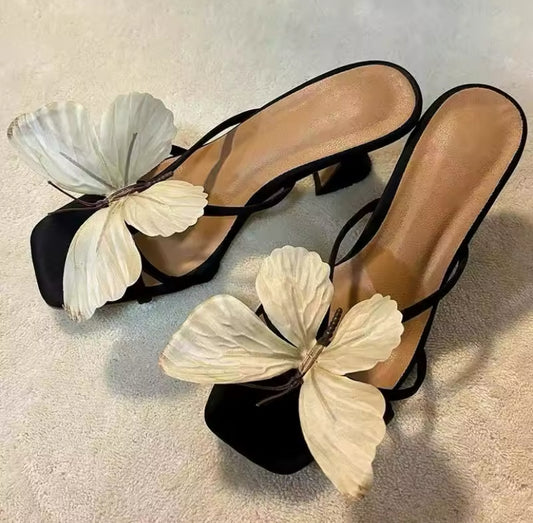 Butterfly Detail Open Toe Backless Heels