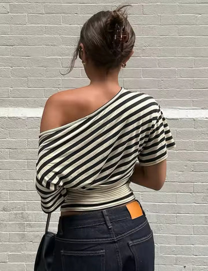 Striped Off-Shoulder Fitted Waist Top