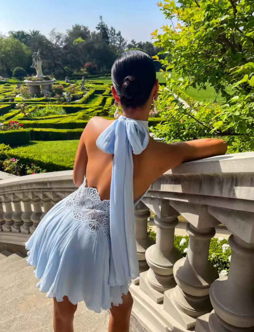 Blue Backless Lace Halter Neck Mini Dress