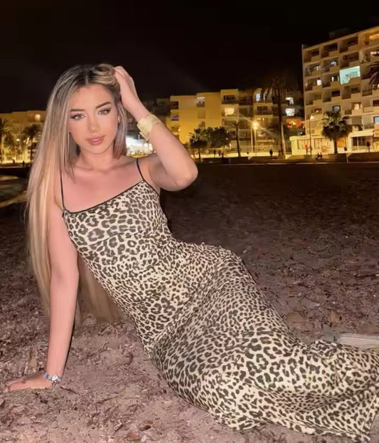 Leopard Print Backless Bodycon Maxi Dress