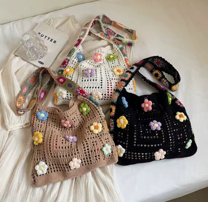 Crochet Knitted Flower Detail Tote Bag
