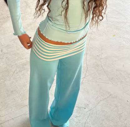 Fold Over Waist Stripe Loose Fit Leggings