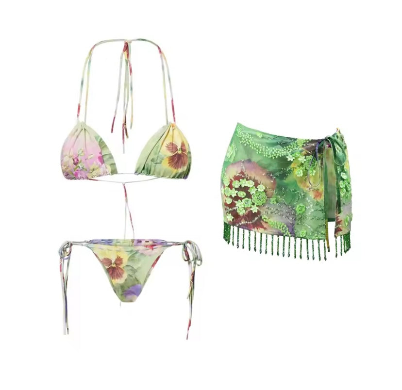 Floral Embroidered Sequin Beaded Bikini Set