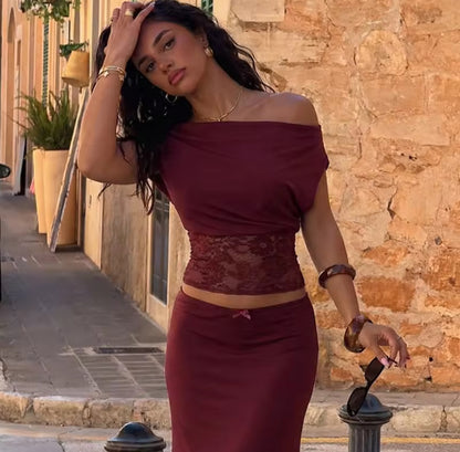 Short Sleeve Off-Shoulder Lace Waist Top