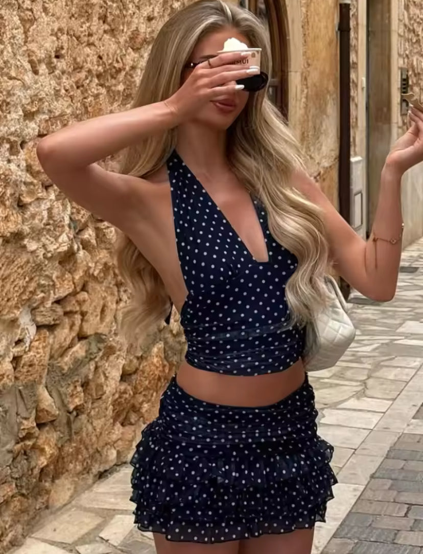Navy Polka Dot Halter Ruffle Co-ord