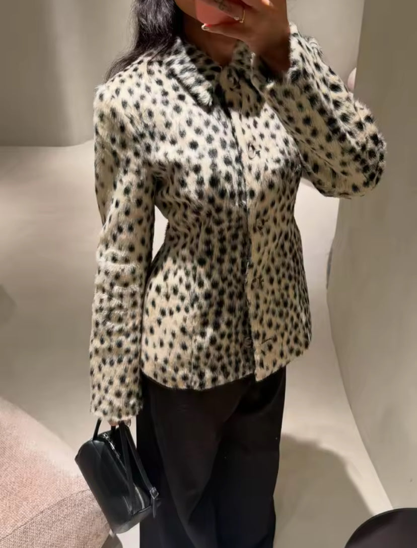 Leopard Print Collared Fur Jacket