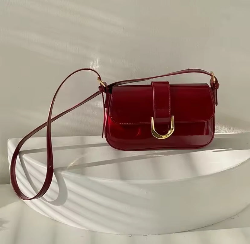 Red Shiny Faux Leather Metal Detail Shoulder Bag