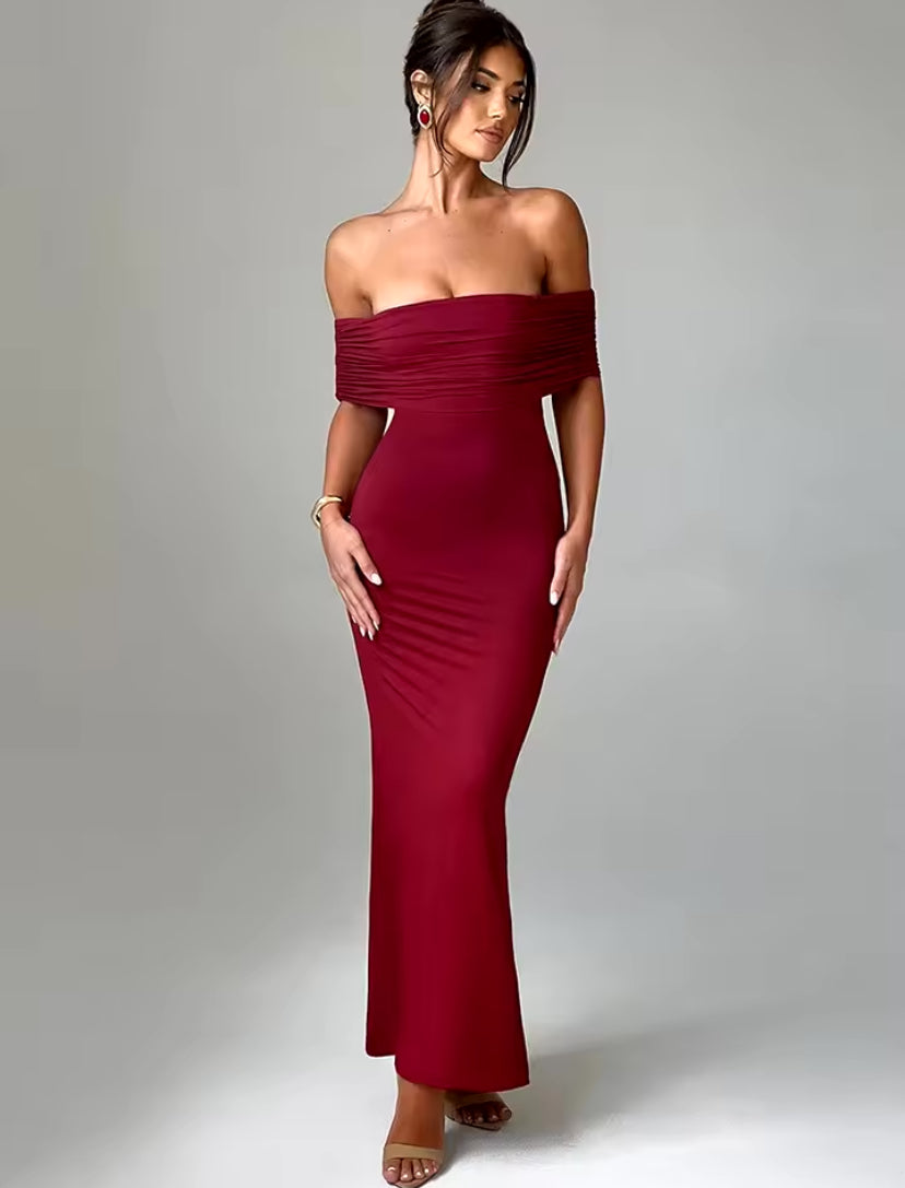 Off-Shoulder Backless Ruched Back Maxi Dress