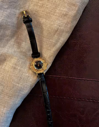 Gold Leather Flower Watch