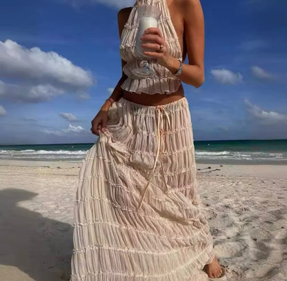 Ruched Mesh Ruffle Maxi Skirt Co-Ord
