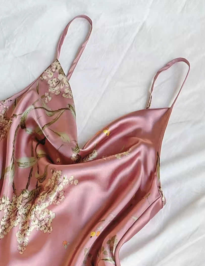 Pink Satin Floral Pyjama Set
