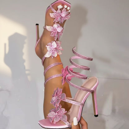 Pink Sparkly Flower Detail Wrap Around Heels