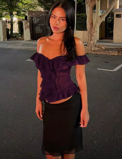 Plum Sheer Mesh Off-Shoulder Corset Top