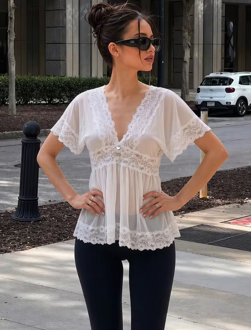 White Sheer Lace V-Neck Top