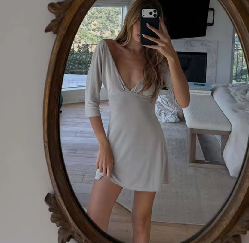 V-Neck 3/4 Sleeve Mini Dress