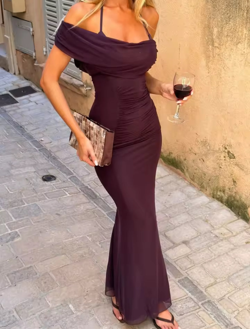 Purple Off-Shoulder Ruched Mesh Maxi Dress