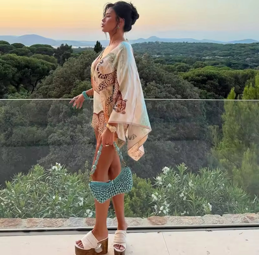 Animal Print Backless Kimono Mini Dress