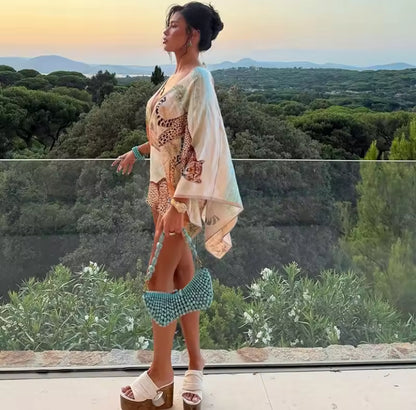 Animal Print Backless Kimono Mini Dress