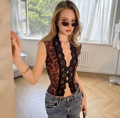 Sheer Leopard Lace Open Front Top
