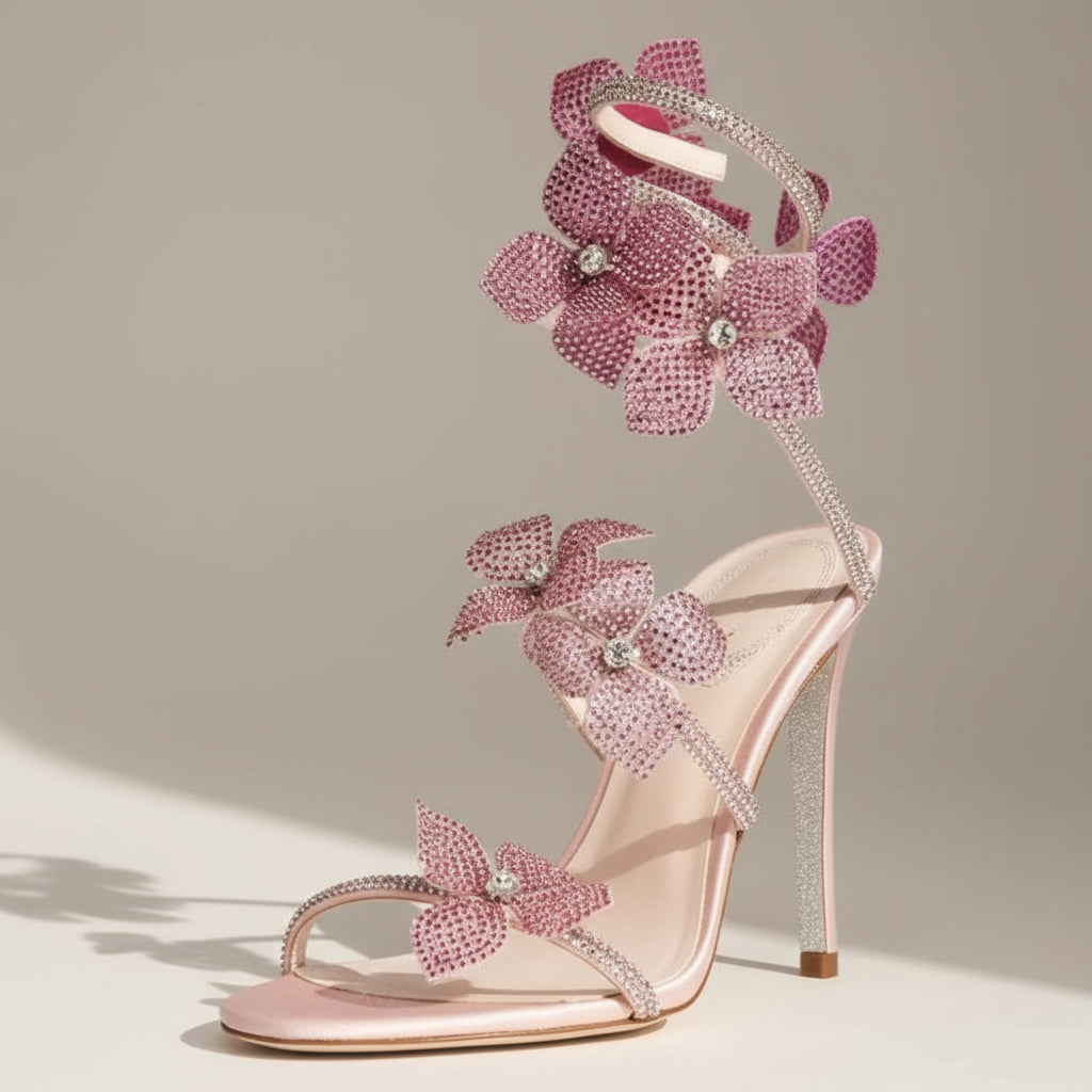 Pink Sparkly Flower Detail Wrap Around Strap Heels