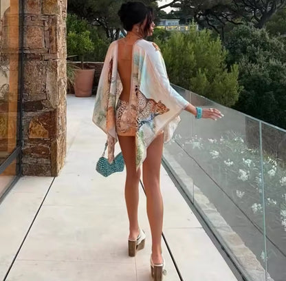 Animal Print Backless Kimono Mini Dress